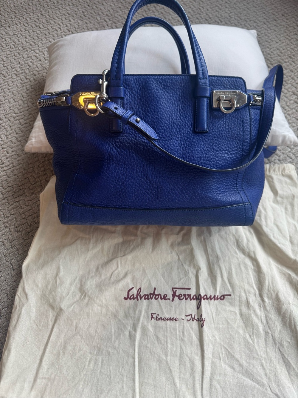 Salvatore Ferragamo Cobalt Blue Pebbled Leather Satchel
